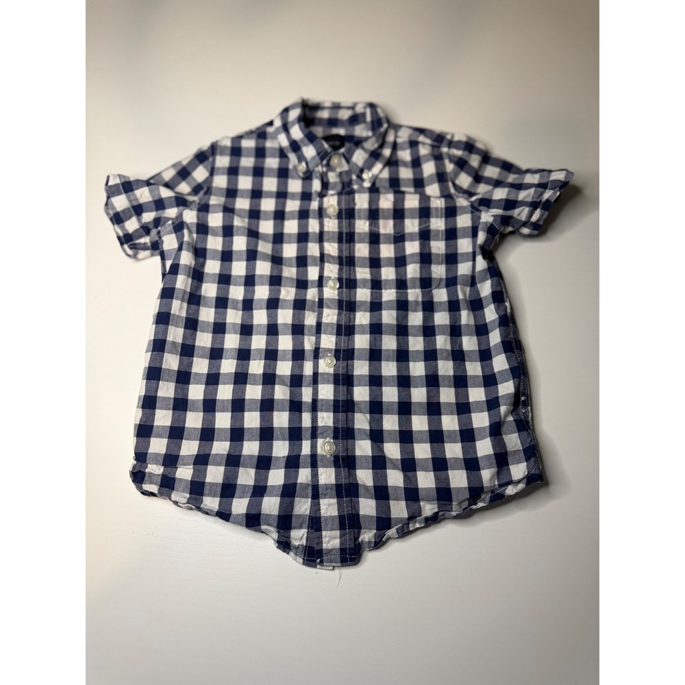 Gap Kids Boys Navy Blue White Gingham Short Sleeve Button Down Shirt Size XS 4-5